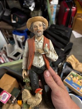 Homco Farmer With Rooster Ceramic Figurine, Painted 3D Effect, 1970s